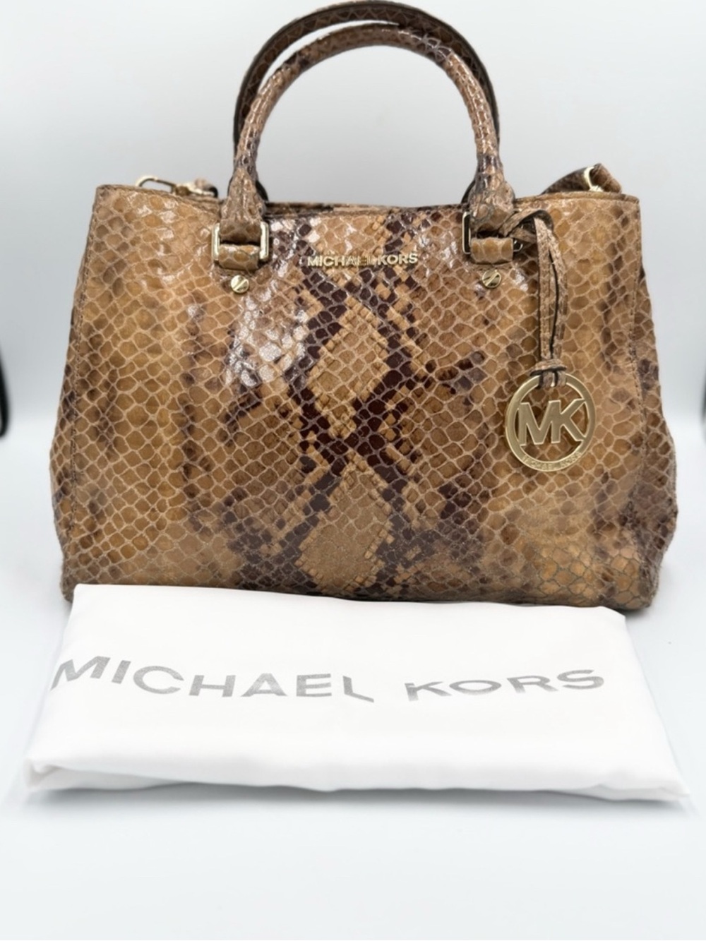 Michael Kors Brown Snake-Print Leather Satchel with Gold-Tone MK Charm